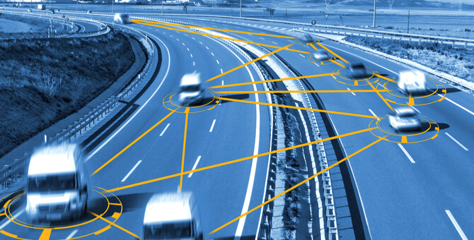 cars on a highway with interconnected lines superimposed