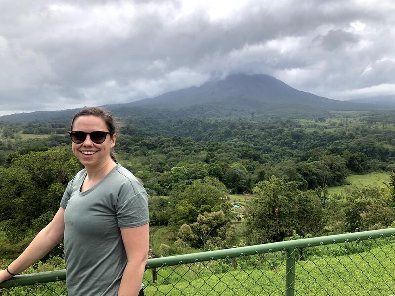 a person standing in front of a green railing and a green railing with trees and mountains in the